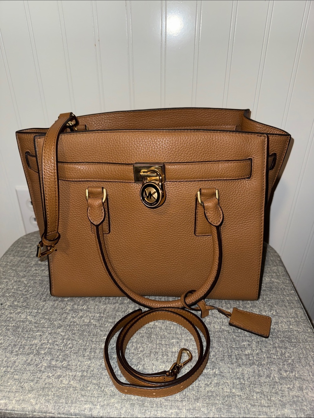 Michael Kors Cognac Pebbled Leather Satchel with Gold-Tone Hardware-Authentic